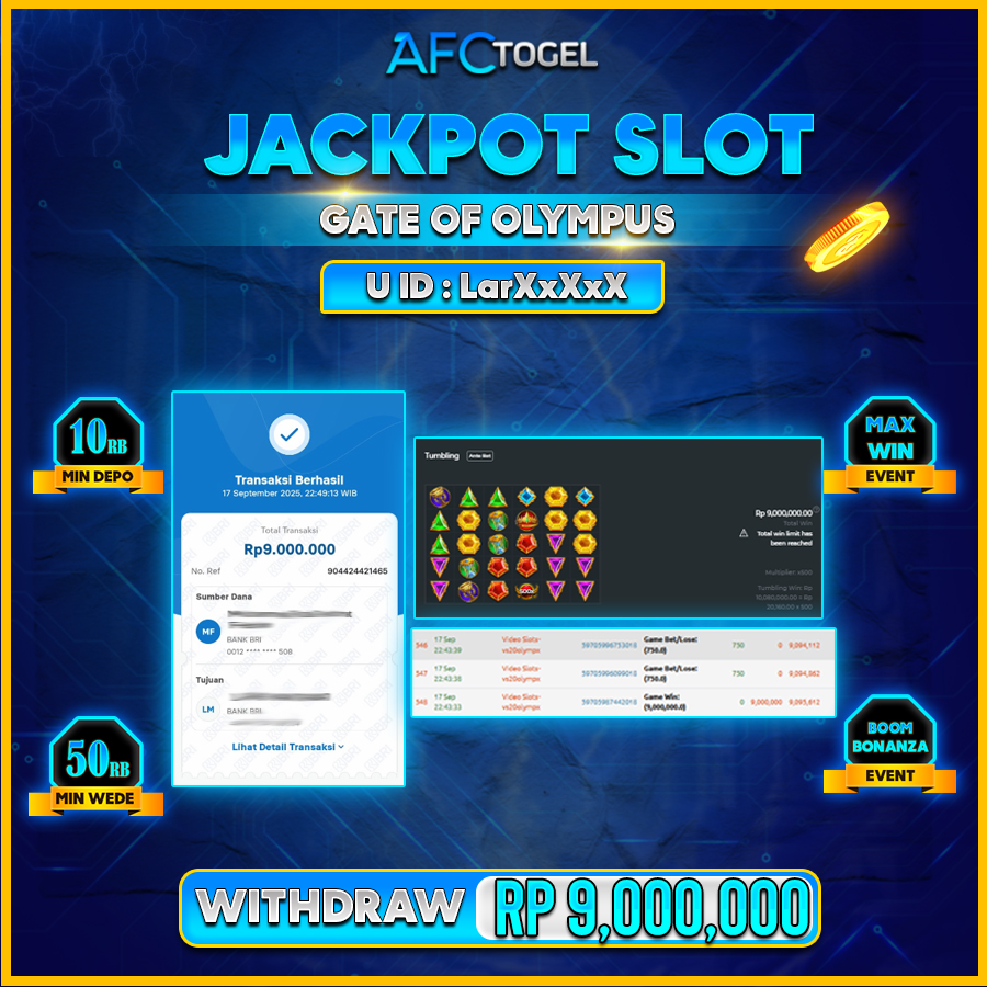 AFCTOGEL JACKPOT SLOT GATE OF OLYMPUS Rp.9.000.000.,- LUNAS