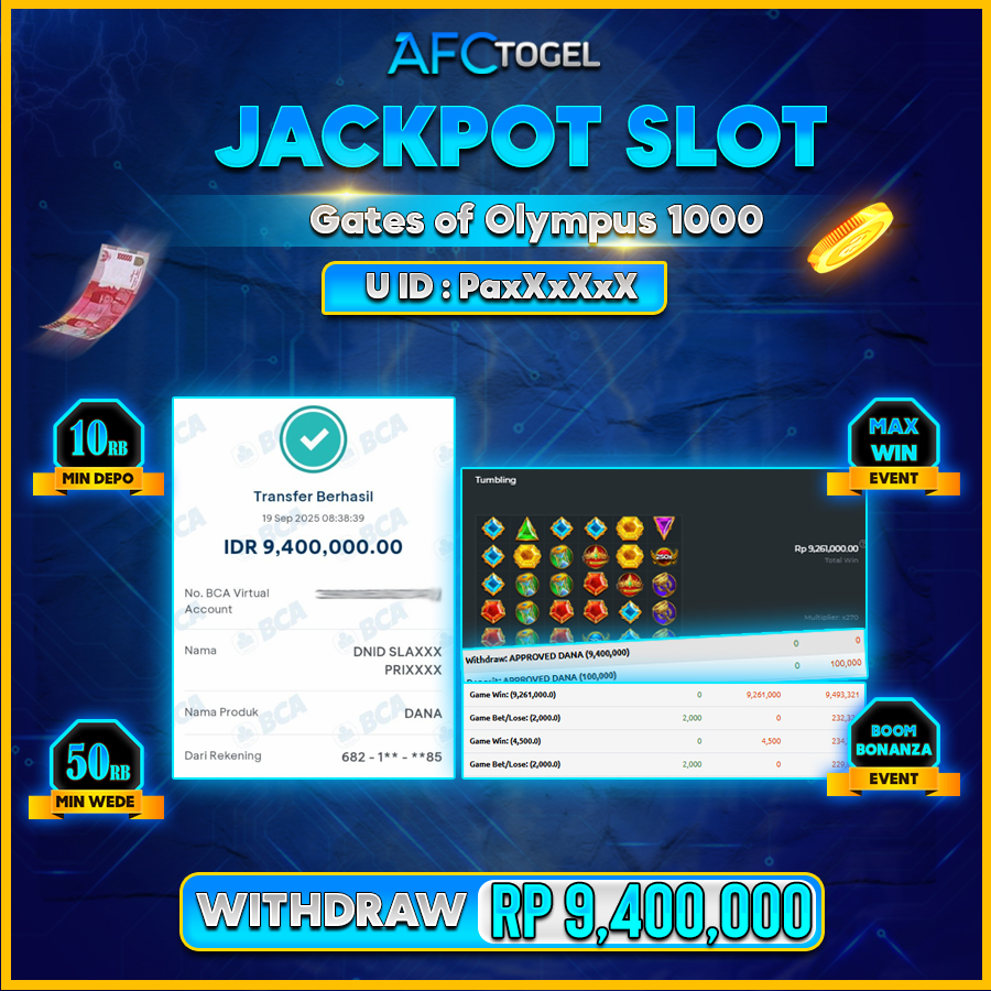 AFCTOGEL JACKPOT SLOT GATE OF OLYMPUS 1000 Rp.9.400.000.,- LUNAS