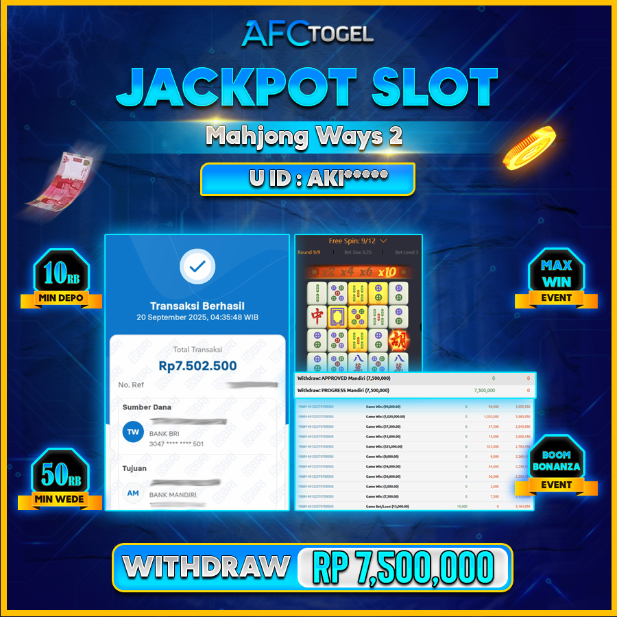 AFCTOGEL JACKPOT SLOT MAHJONG WAYS 2 Rp.7.500.000.,- LUNAS