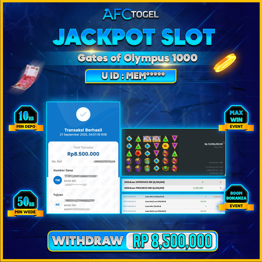 AFCTOGEL JACKPOT SLOT GATE OF OLYMPUS 1000 Rp.8.500.000.,- LUNAS