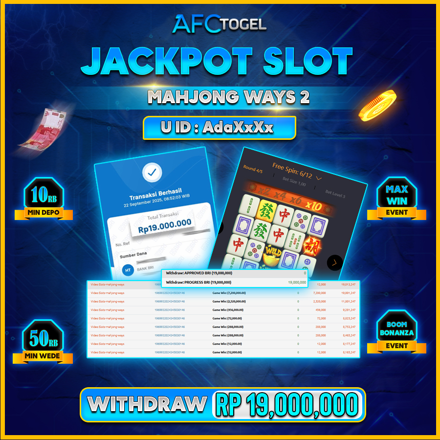 AFCTOGEL JACKPOT SLOT MAHJONG WAYS 2 Rp.19.000.000.,- LUNAS