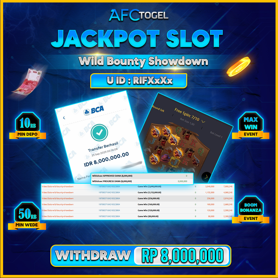 AFCTOGEL JACKPOT SLOT WILD BOUNTY SHOWDOWN Rp.8.000.000.,- LUNAS