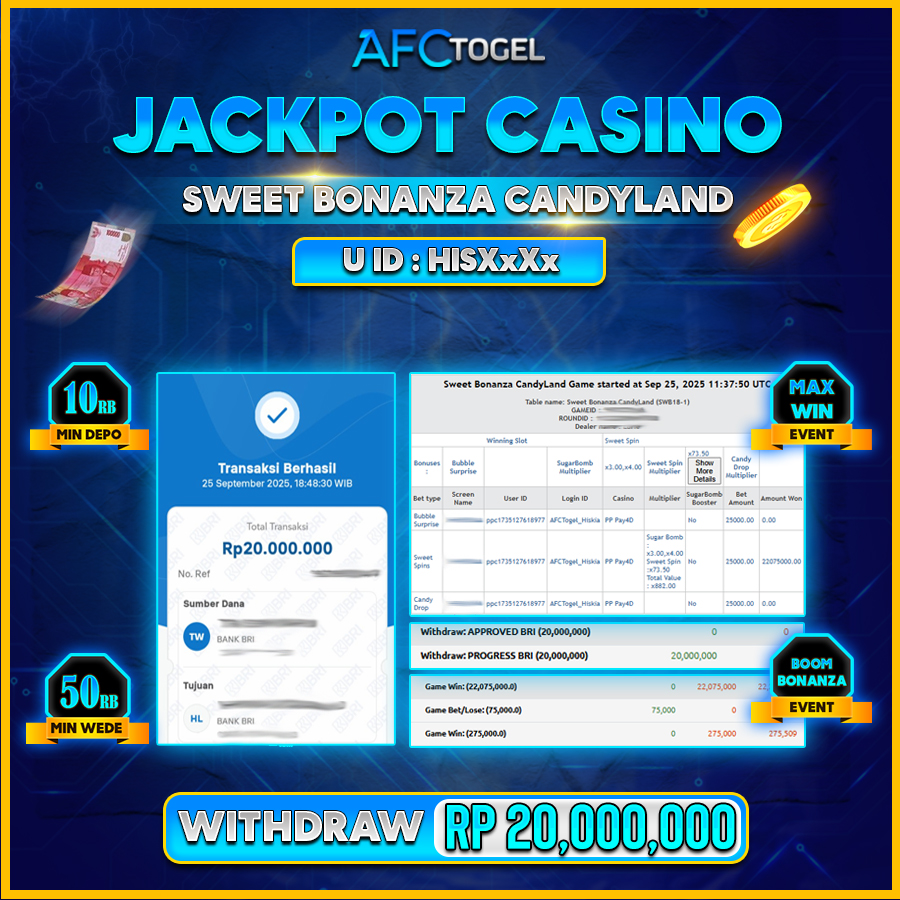AFCTOGEL JACKPOT CASINO SWEET BONANZA CANDYLAND Rp.20.000.000.,- LUNAS