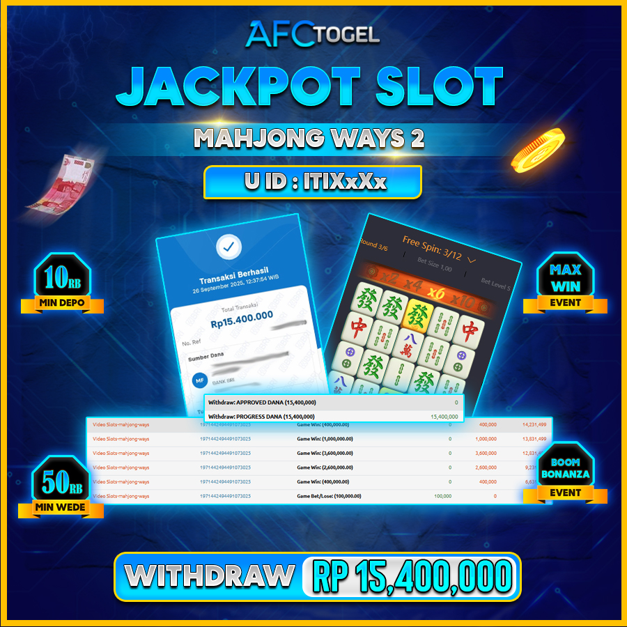 AFCTOGEL JACKPOT SLOT MAHJONG WAYS 2 Rp.15.400.000.,- LUNAS