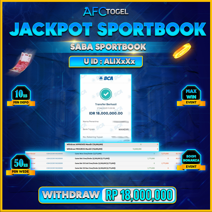 AFCTOGEL JACKPOT SPORTBOOK SABA Rp.18.000.000.,- LUNAS