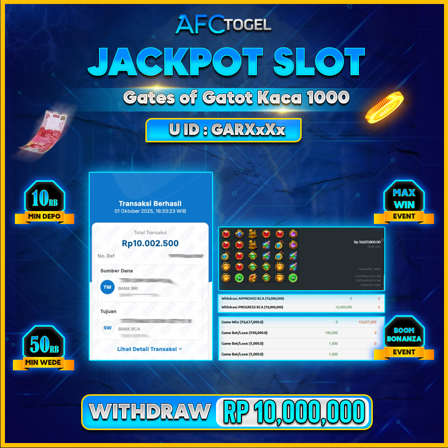 AFCTOGEL JACKPOT GATE OF GATOT KACA 1000 Rp.10.000.000.,- LUNAS