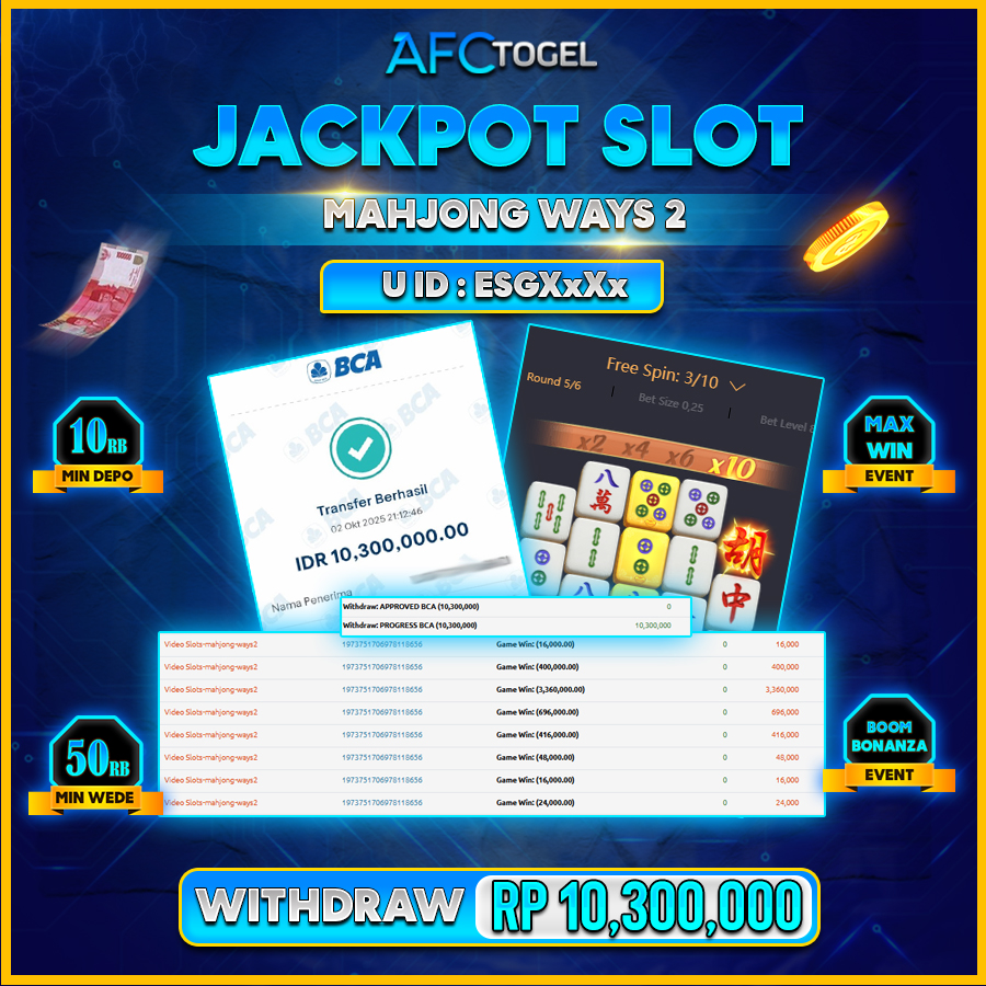 AFCTOGEL JACKPOT SLOT MAHJONG WAYS 2 Rp.10.300.000.,- LUNAS