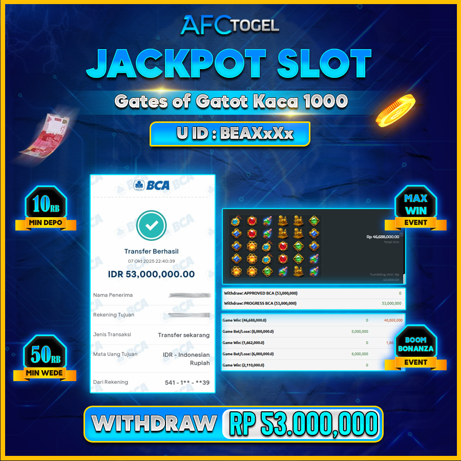AFCTOGEL JACKPOT GATE OF GATOT KACA 1000 Rp.53.000.000.,- LUNAS