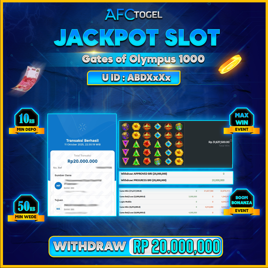 AFCTOGEL JACKPOT GATE OF OLYMPUS 1000 Rp.20.000.000.,- LUNAS