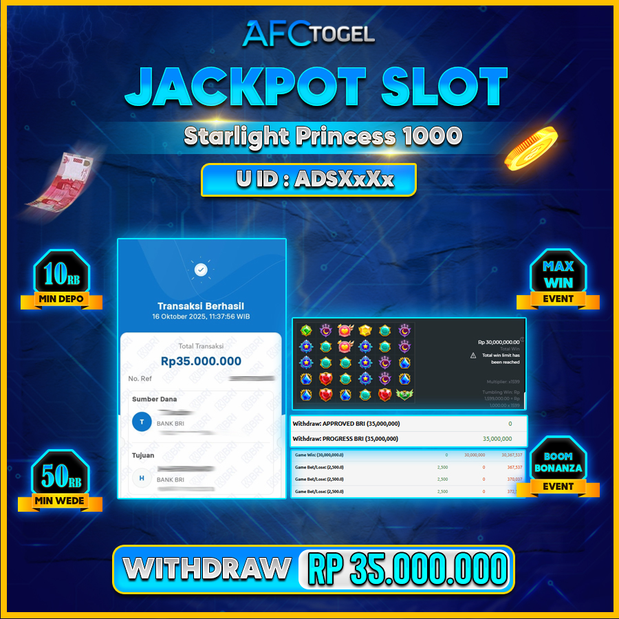AFCTOGEL JACKPOT STARLIGHT PRINCESS 1000 Rp.35.000.000.,- LUNAS