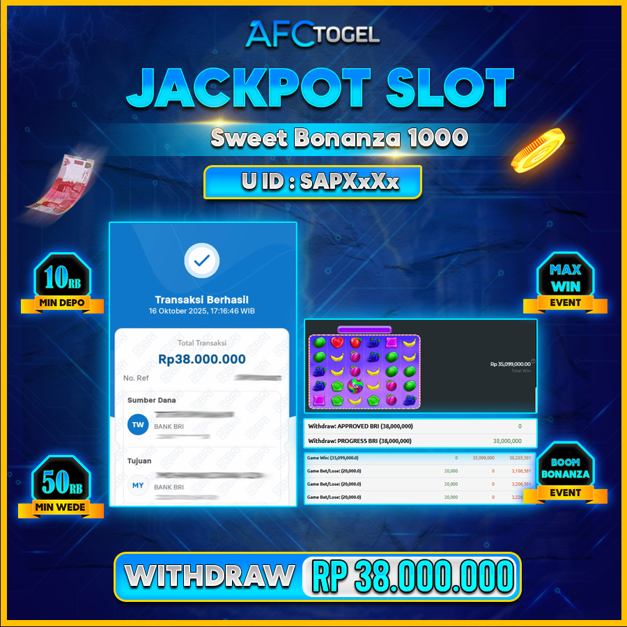AFCTOGEL JACKPOT SWEET BONANZA 1000 Rp.38.000.000.,- LUNAS