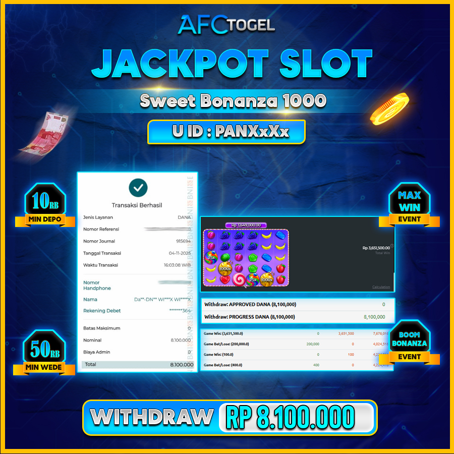 AFCTOGEL JACKPOT SWEET BONANZA 1000 Rp.8.100.000.,- LUNAS