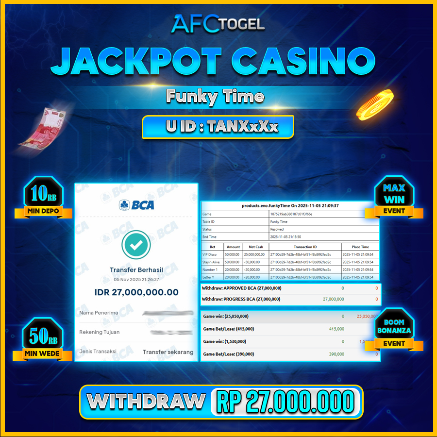 AFCTOGEL JACKPOT LIVE CASINO FUNKY TIME Rp.27.000.000.,- LUNAS