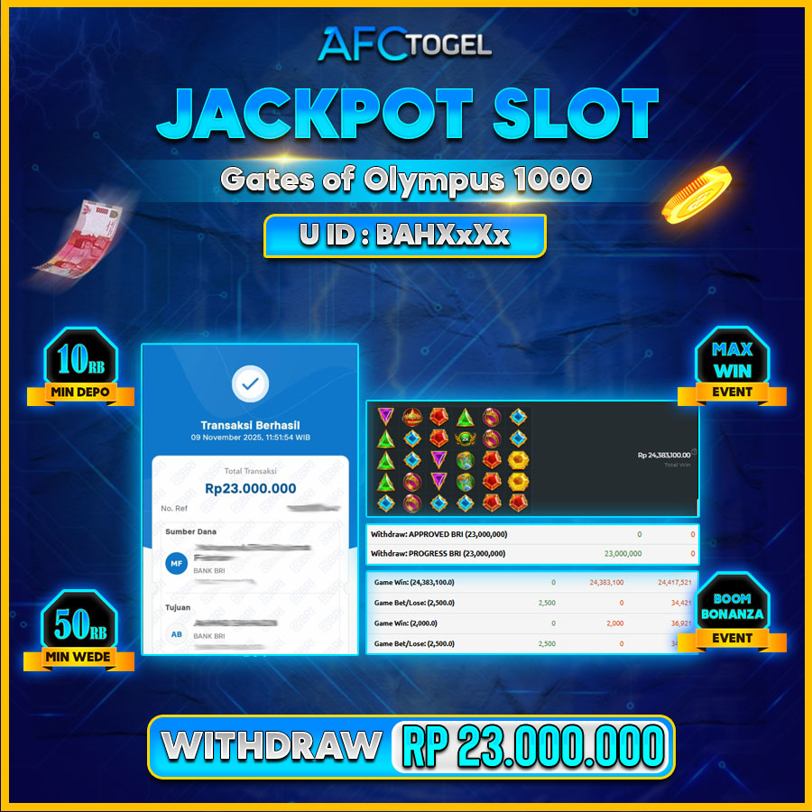 AFCTOGEL JACKPOT SLOT GATES OF OLYMPUS 1000 Rp.23.000.000.,- LUNAS