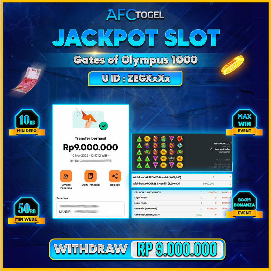 AFCTOGEL JACKPOT SLOT GATES OF OLYMPUS 1000 Rp.9.000.000.,- LUNAS