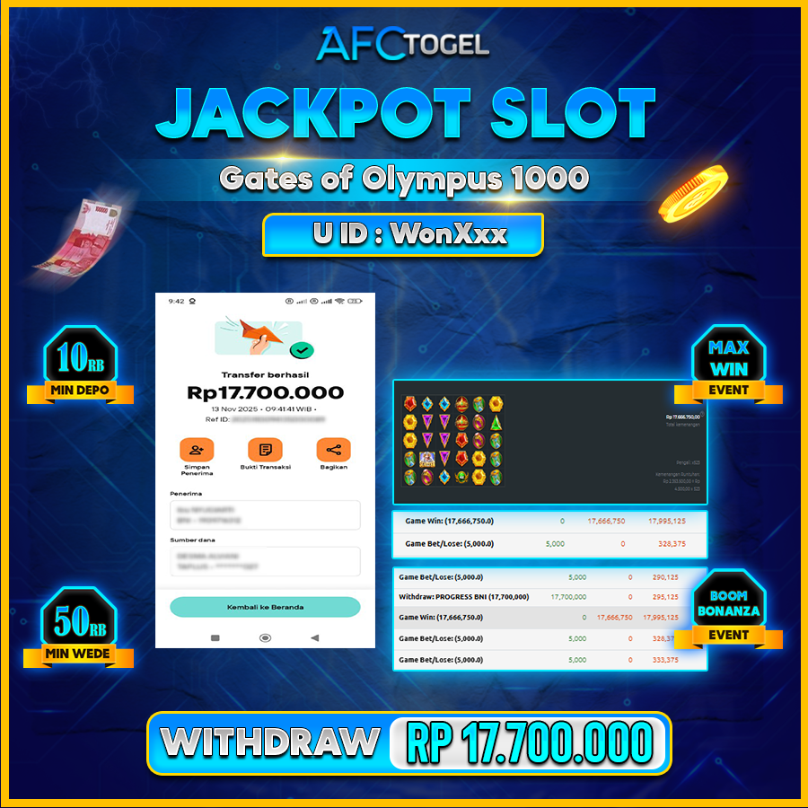 AFCTOGEL JACKPOT SLOT GATES OF OLYMPUS 1000 Rp.17.700.000.,- LUNAS