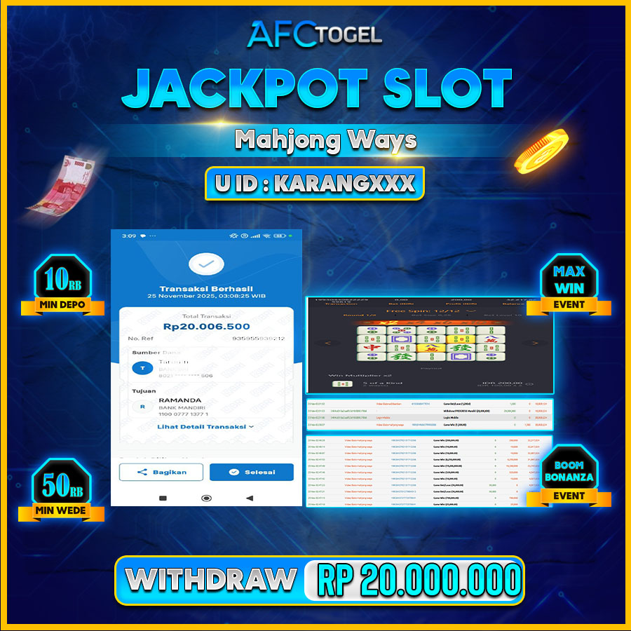 AFCTOGEL JACKPOT SLOT MAHJONG WAYS  Rp.20.000.000.,- LUNAS