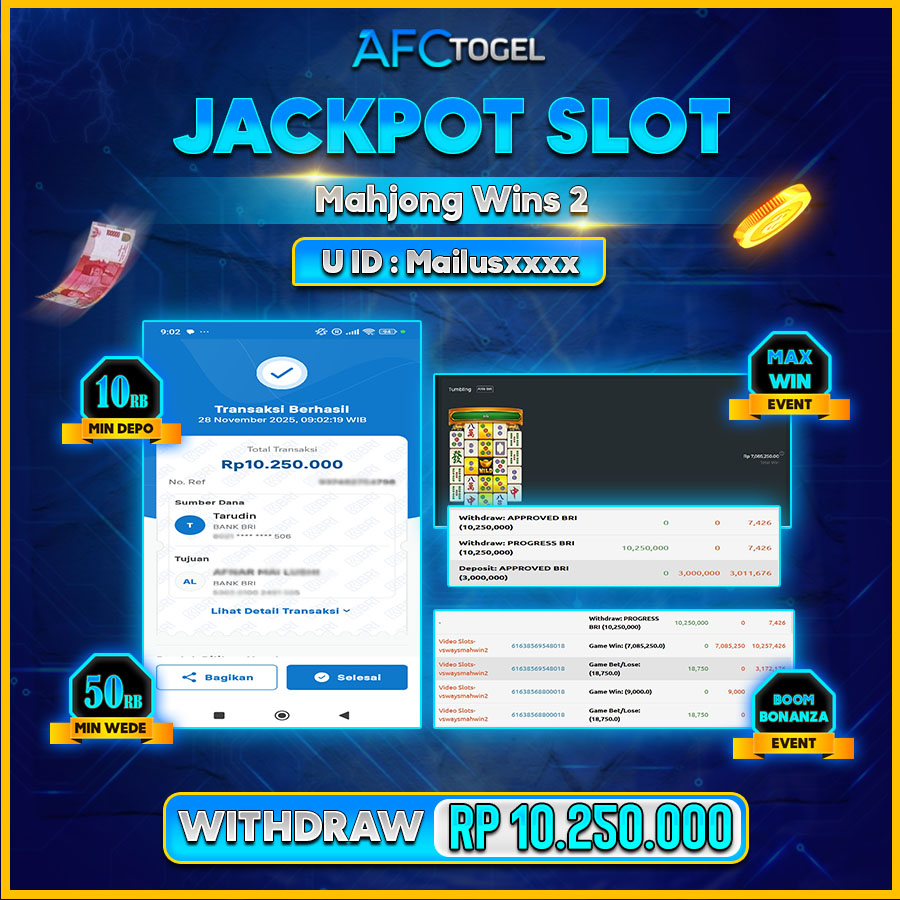 AFCTOGEL JACKPOT SLOT MAHJONG WINS 2 Rp.10.250.000.,- LUNAS