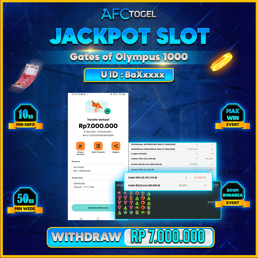 AFCTOGEL JACKPOT SLOT Gates of Olympus1000 Rp.7.000.000.,- LUNAS