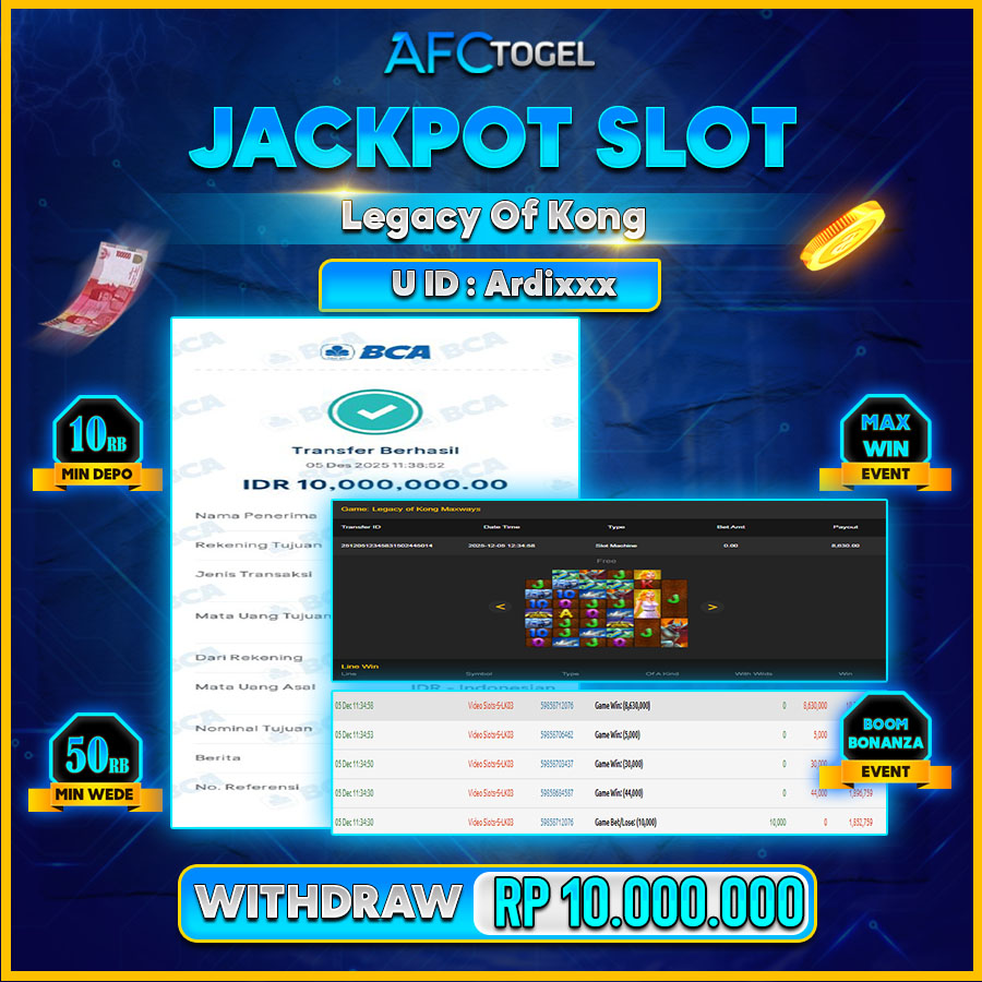 AFCTOGEL JACKPOT SLOT Legacy Of Kong Rp.10.000.000.,- LUNAS