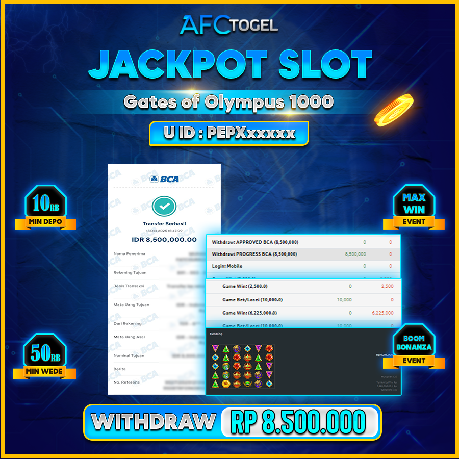 AFCTOGEL JACKPOT SLOT Gates of Olympus1000 Rp.8.500.000.,-LUNAS