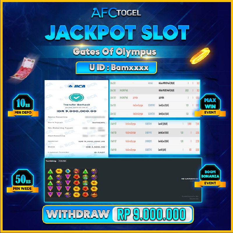 AFCTOGEL JACKPOT GAME SLOT Gates Of Olympus Rp.9.000.000,-LUNAS
