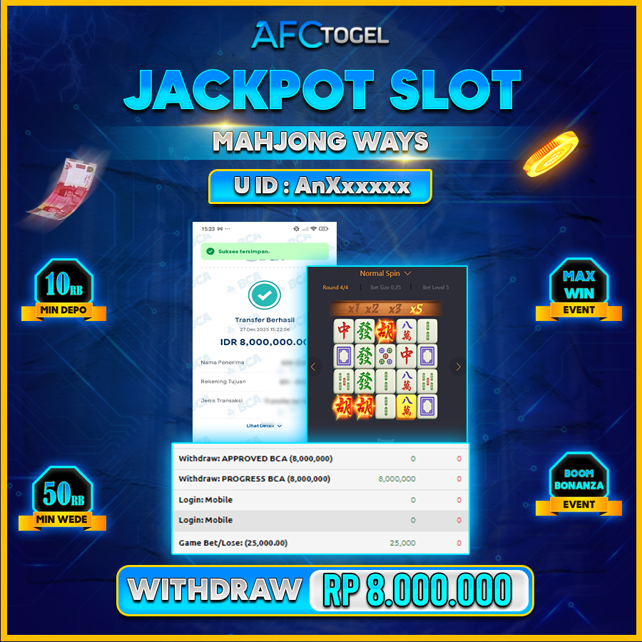 AFCTOGEL JACKPOT GAME SLOT MAHJONG WAYS Rp.8.000.000.,-LUNAS