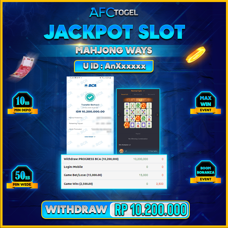 AFCTOGEL JACKPOT GAME SLOT mahjong ways Rp.10.200.000.,-LUNAS