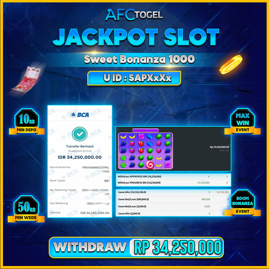 AFCTOGEL JACKPOT SWEET BONANZA 1000 Rp.35.280.000.,- LUNAS